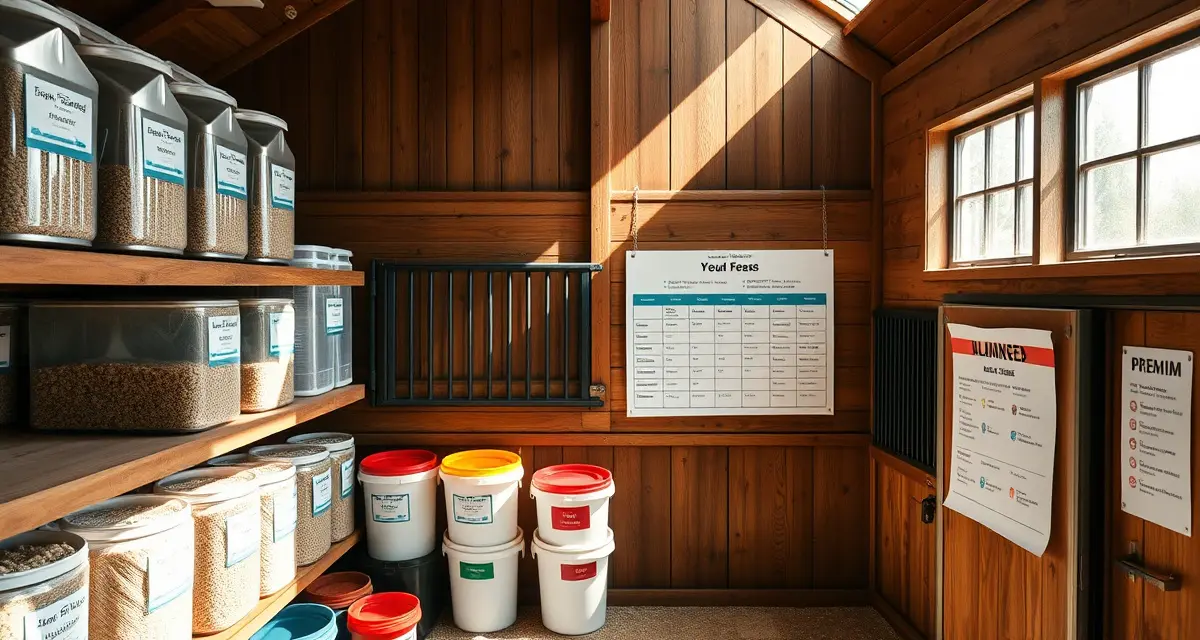 Organized horse barn feed room with labeled grain bins and color-coded feed buckets displaying a structured grain feeding schedule system.