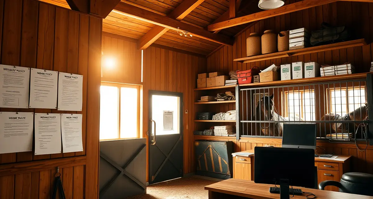 Organized horse barn office showing insurance documentation and coverage requirements for equine facilities.