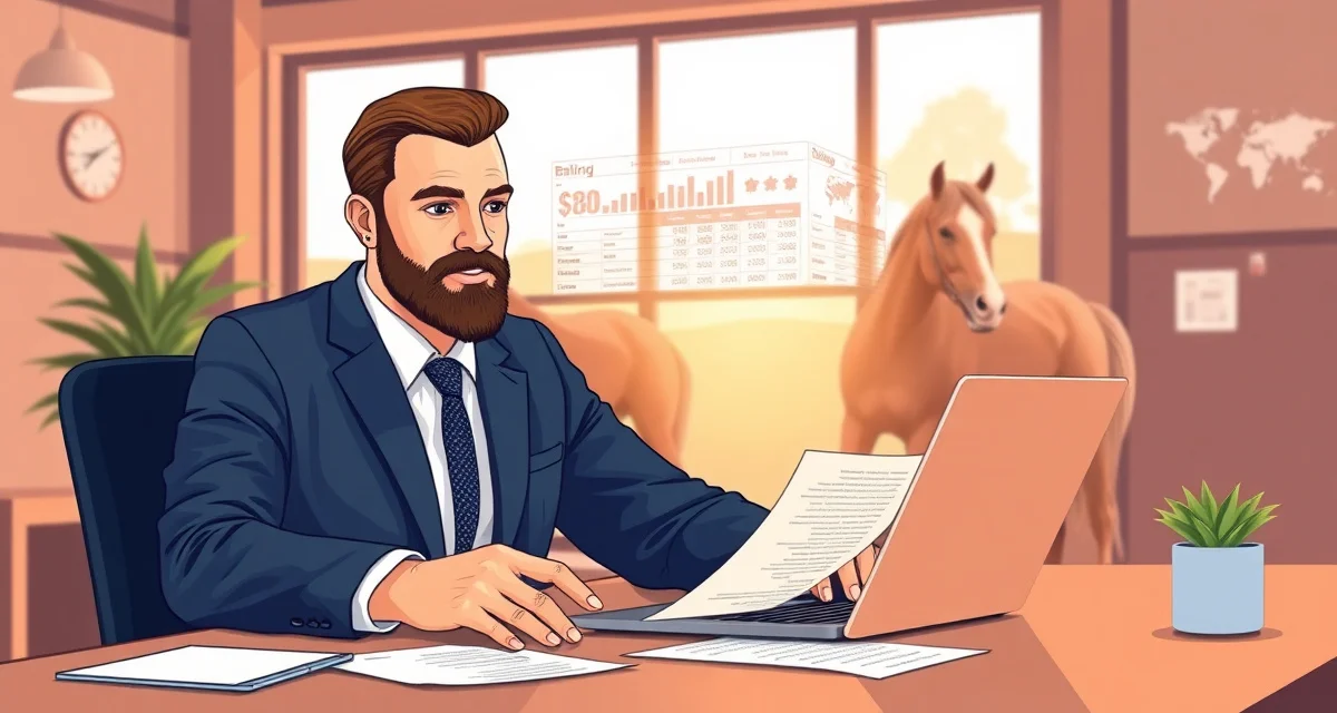 Horse barn manager managing international billing with multiple currencies and exchange rates on computer dashboard