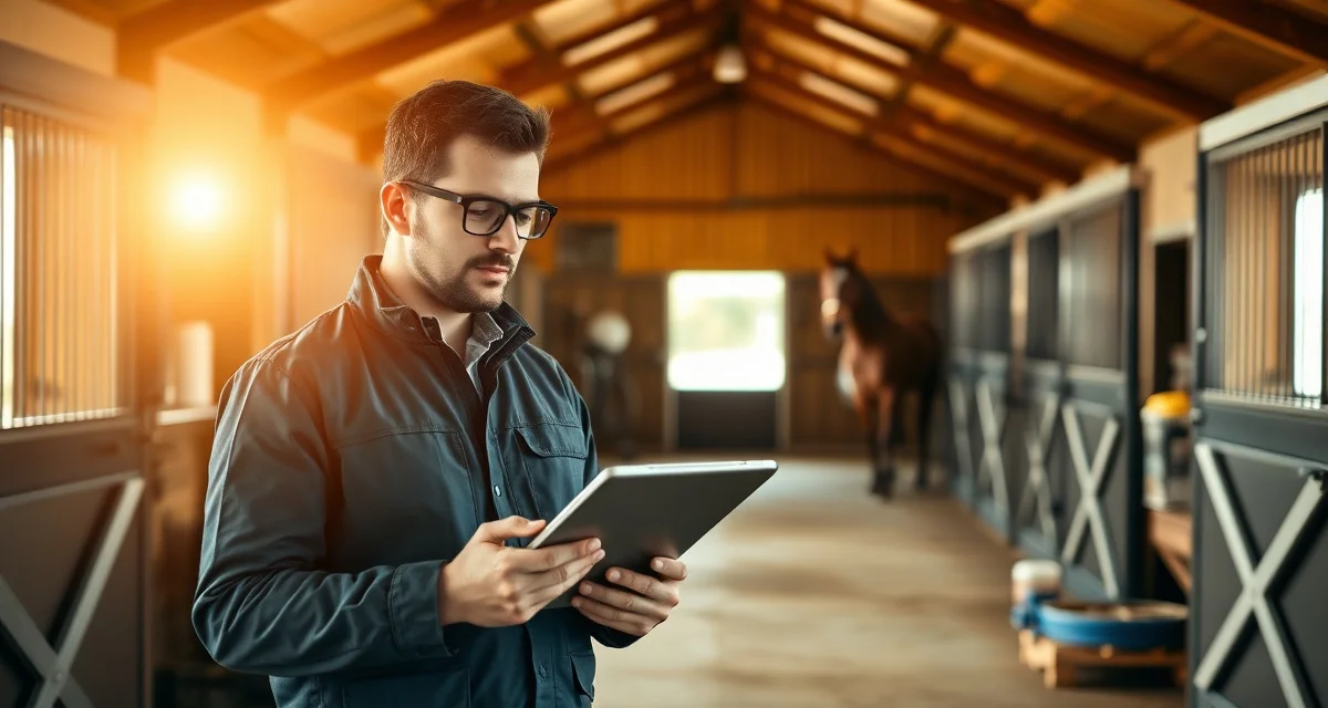 Barn manager using digital horse barn maintenance log system on tablet in organized stable facility