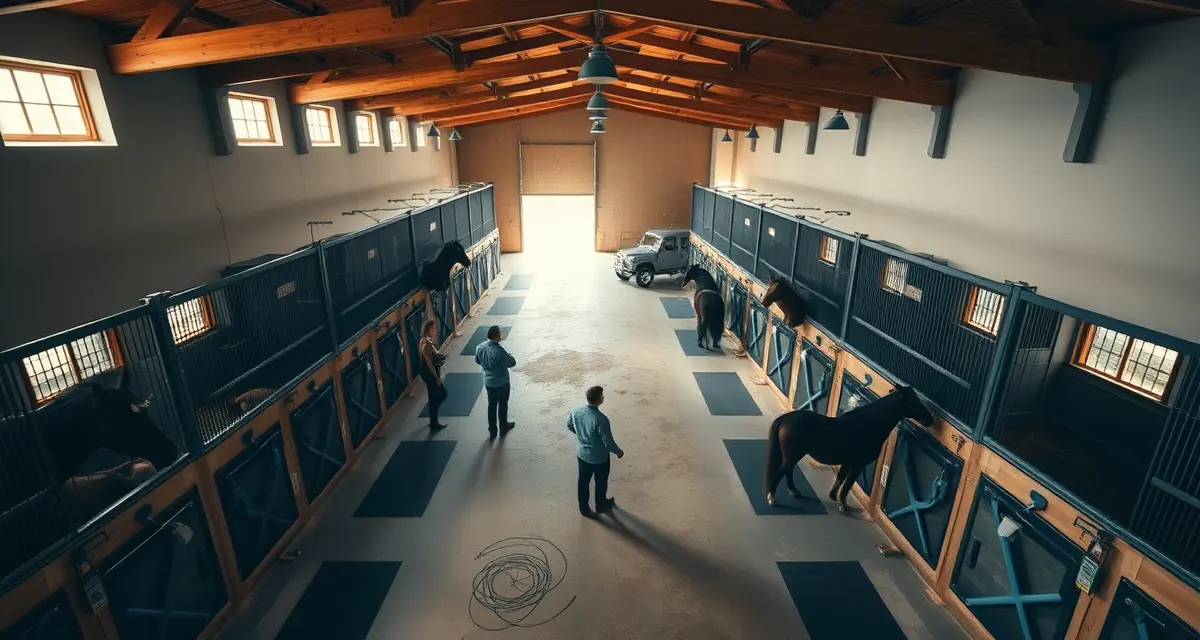 Organized horse barn with attentive staff managing individual horses and daily care at a boarding facility