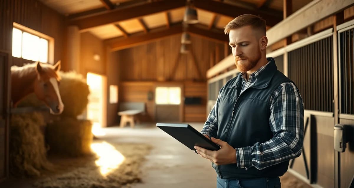 Barn manager using digital management software to organize daily horse barn operations and tasks