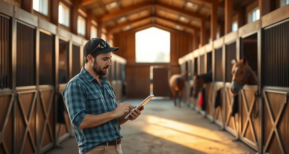 Modern horse barn management software interface displayed on tablet while managing stalls and facilities in Concord, New Hampshire barn.