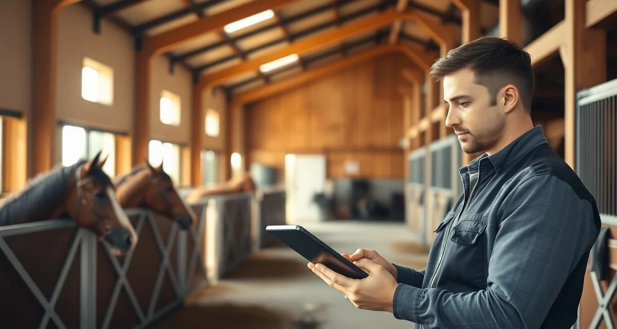 Horse barn management software interface displayed on tablet by Illinois equine facility manager organizing stalls and client records
