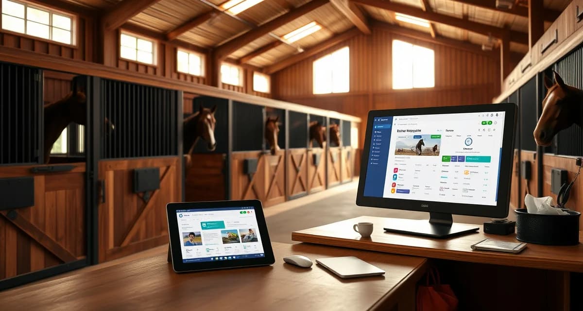 Horse barn management software dashboard displayed in a modern Kansas equine facility with organized stalls and natural lighting.