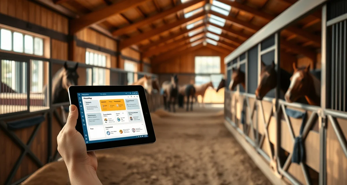 Modern barn management software interface displayed on tablet in organized Arkansas horse barn facility with digital organization system