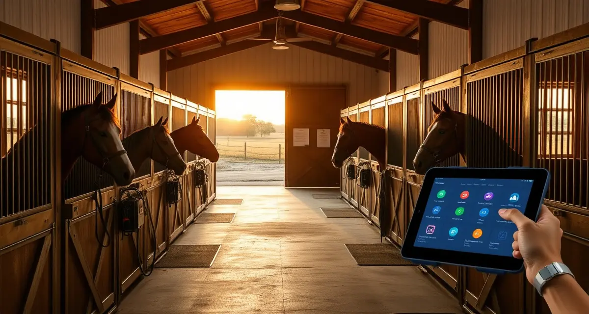 Modern horse barn management software interface displayed on tablet in Michigan equine facility with organized stalls and professional barn operations
