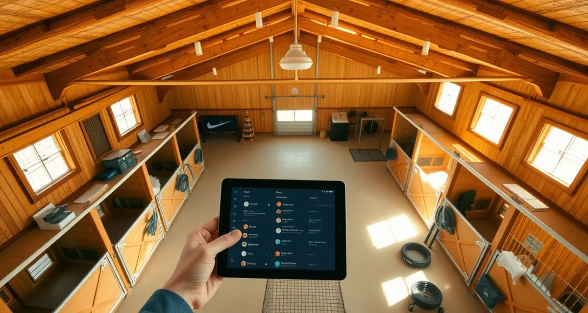 Modern horse barn management software interface displayed on tablet in a professional New Hampshire equine facility with organized stalls and efficient operations.