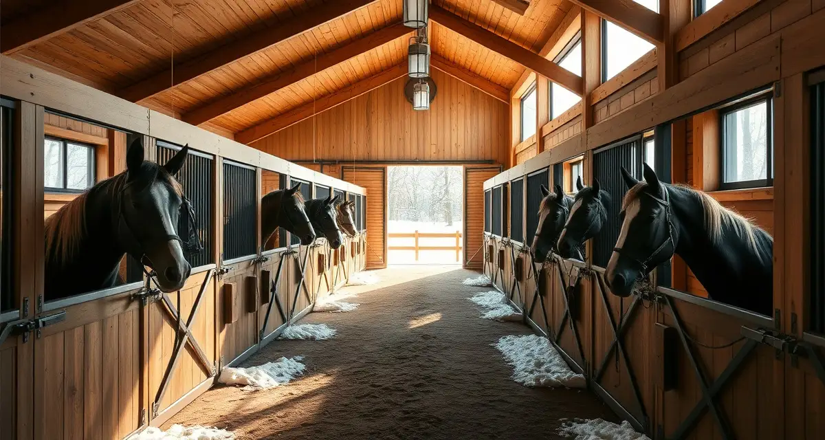 Modern horse barn management software interface displayed in a Portland Maine equestrian facility with organized stalls and winter landscape