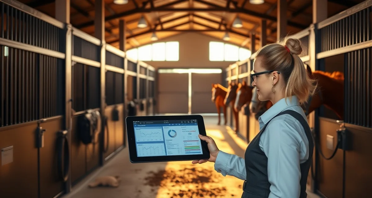 Horse barn management software dashboard displayed on tablet in a modern South Carolina equine facility with organized stalls and professional barn operations.