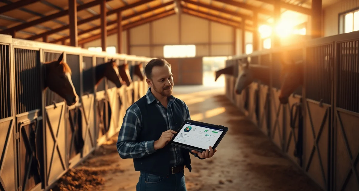 Digital barn management software displayed on tablet in modern horse stable facility near Waco, Texas with organized stalls and professional equipment