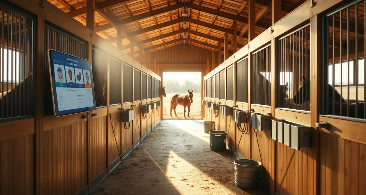 Modern barn management software interface displayed on tablet in organized horse barn facility near Wichita, Kansas with digital tracking system for equestrian operations.