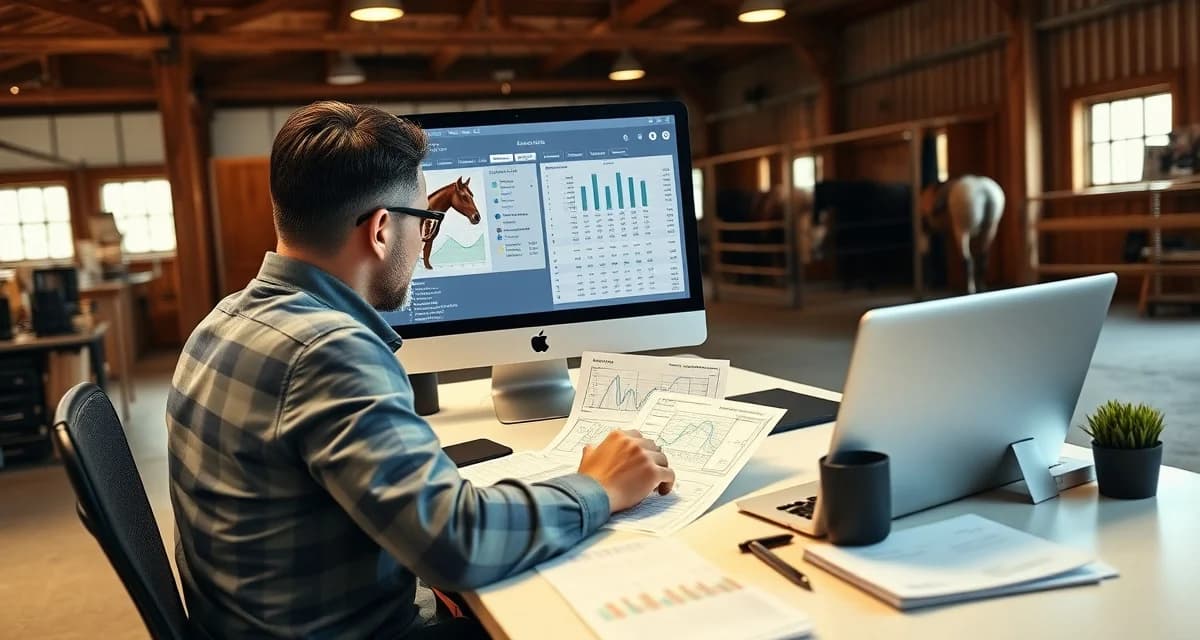 Horse barn manager analyzing operational costs and expenses on computer software dashboard for facility budgeting and margin management