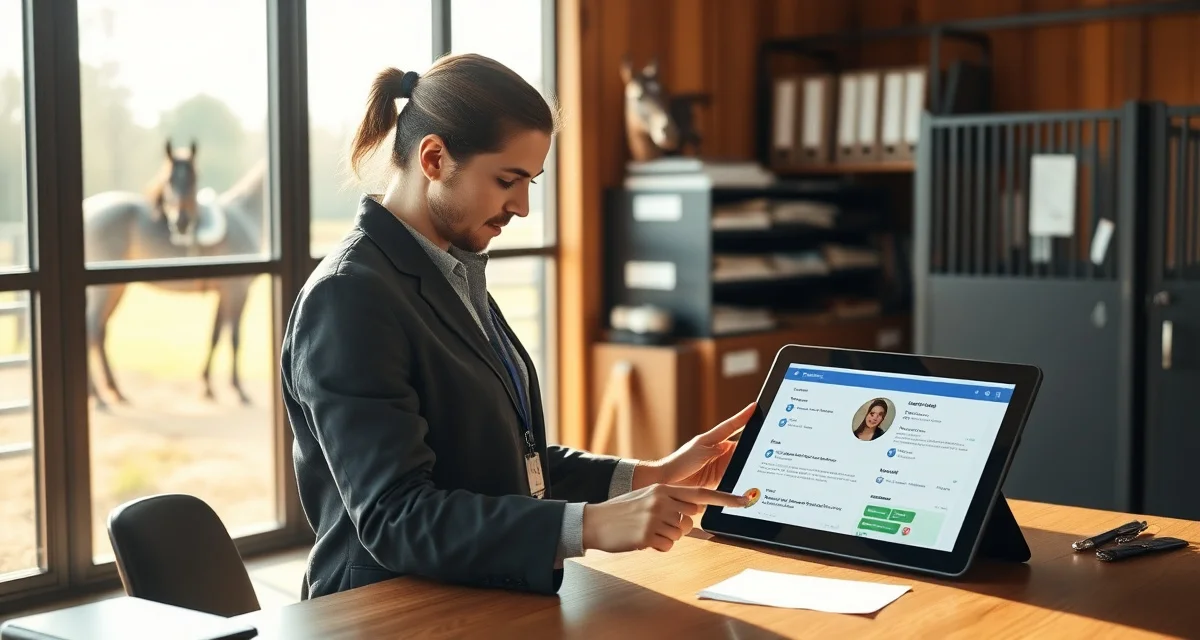 Digital owner communication portal interface for horse barn management software displaying horse profiles, care updates, and client messaging features.
