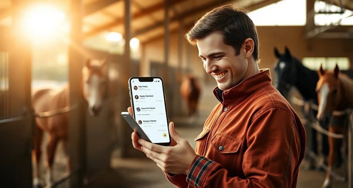 Horse barn owner using social media communication app on smartphone to engage with stable owners in modern equestrian facility