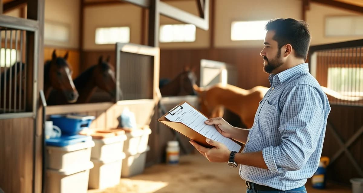 Barn manager with pest control schedule checklist in organized equine facility managing fly prevention strategy