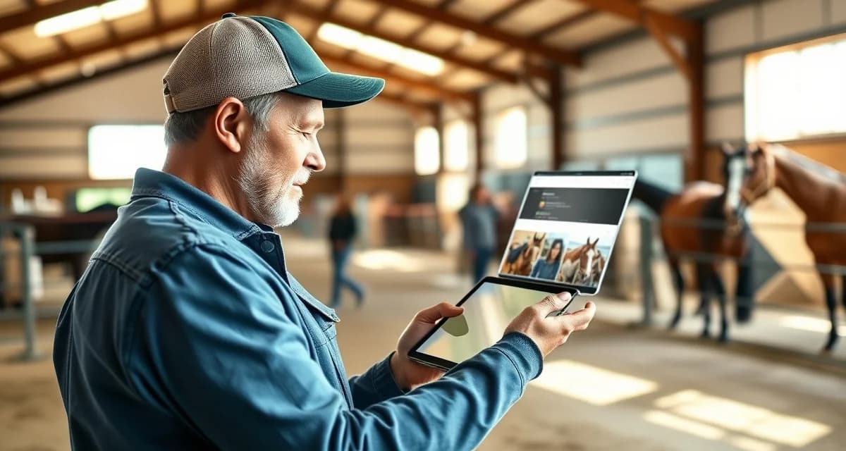 Horse barn owner viewing photo sharing updates on tablet in stable facility with organized communication platform interface displayed