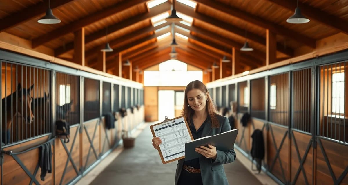 Organized horse barn interior with stalls and pricing management tools for boarding barn business planning.