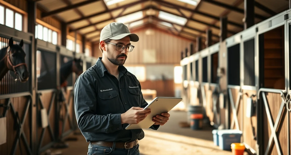 Barn manager using digital quality control checklist system in organized horse stable facility for standardized daily inspections