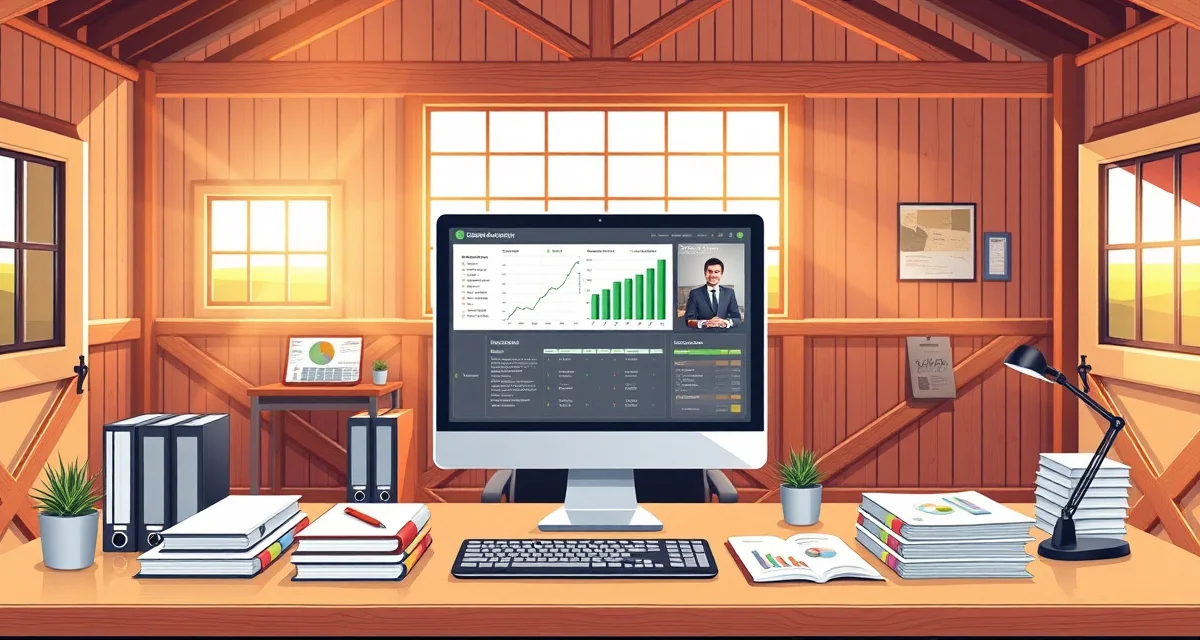 Horse barn billing software integrated with QuickBooks accounting dashboard displayed on computer screen in organized barn office workspace.