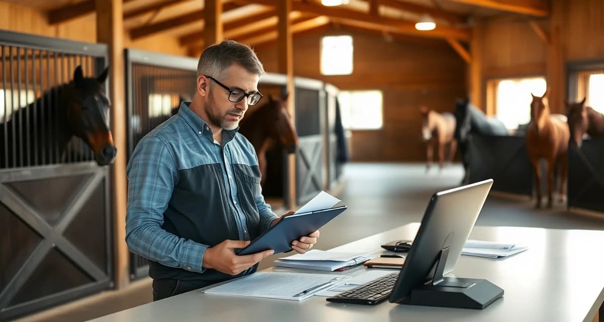 Barn manager using digital horse barn record keeping software to organize health records and operational data on tablet