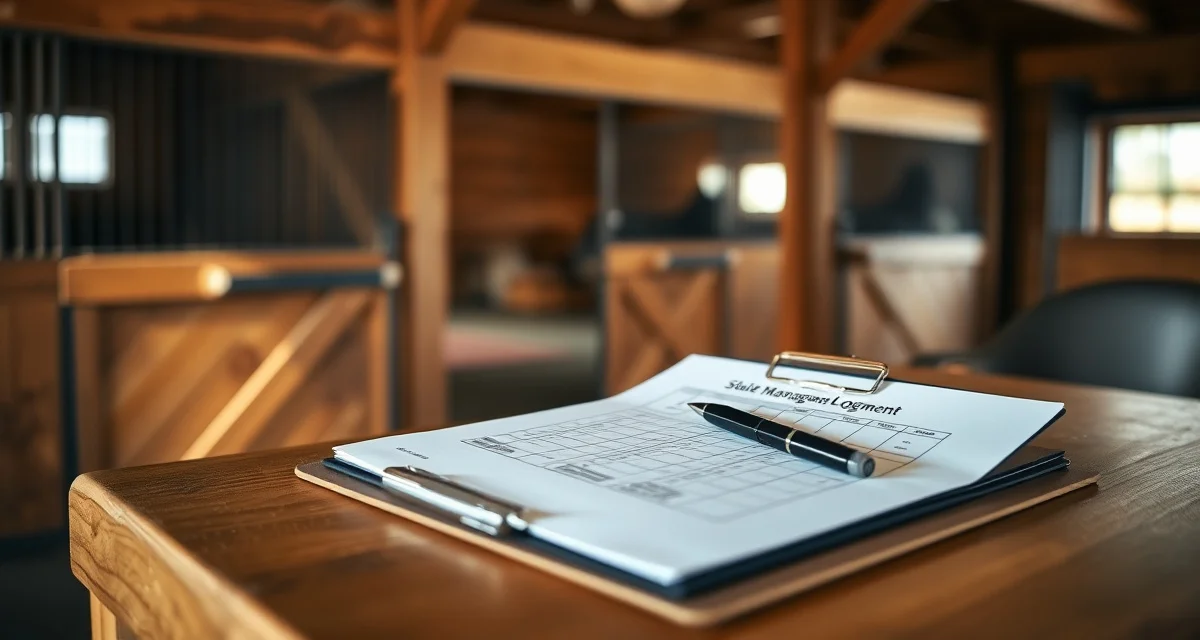 Horse barn shift handoff documentation clipboard with detailed notes and logbook on wooden desk for stable management