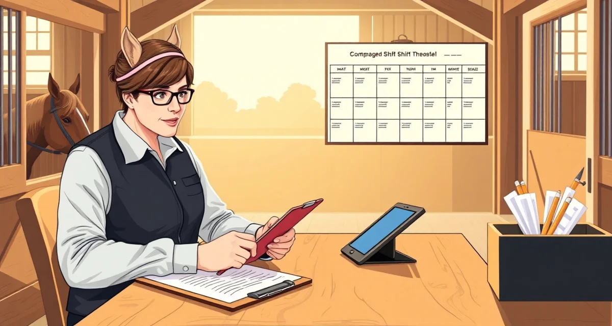 Horse barn manager conducting shift handoff briefing with staff members in stable facility, demonstrating professional handoff management procedures.