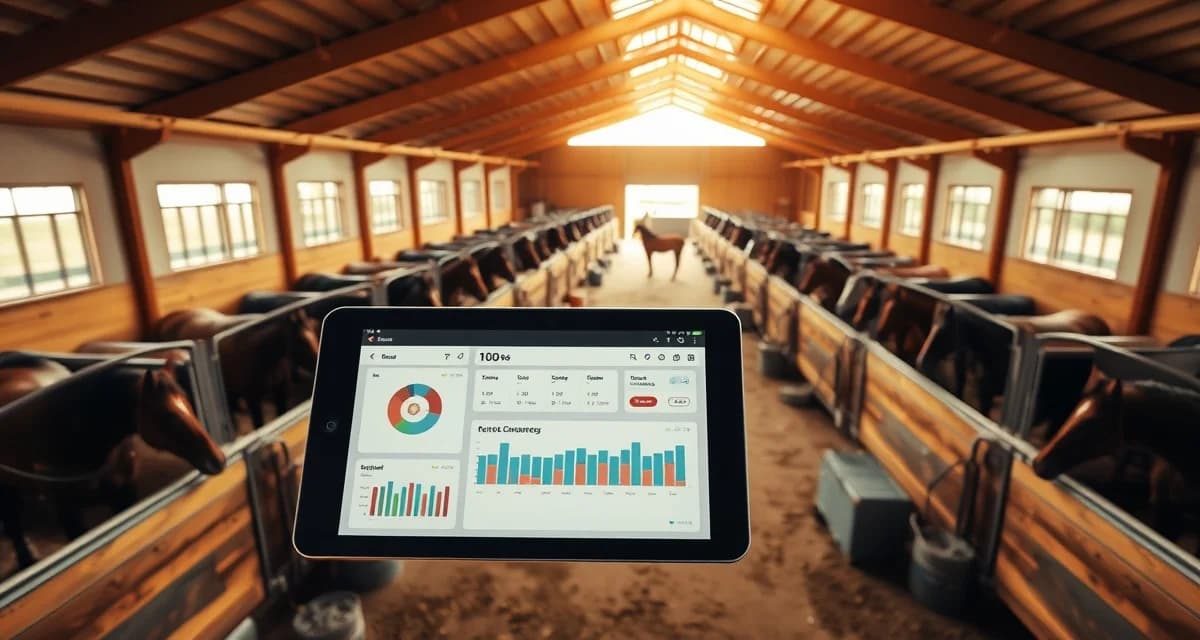 Modern horse barn management software interface displaying billing and scheduling for 100-horse facility with organized stall layout