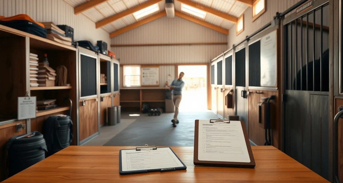 Organized horse barn interior showing standard operating procedure documentation and organized storage systems for daily care protocols