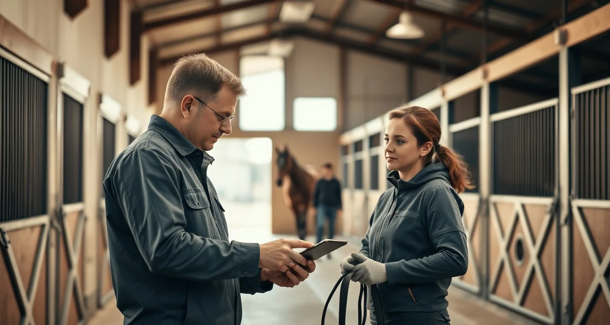 Experienced barn manager demonstrating proper procedures to new employee during equine facility staff onboarding training session.