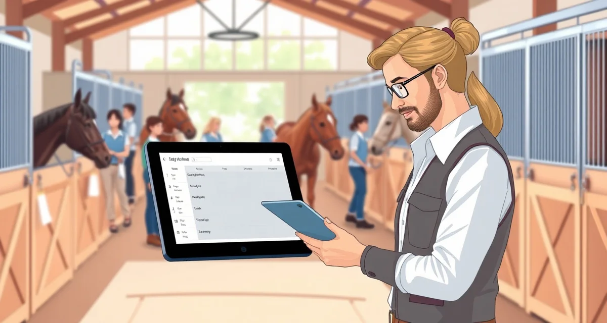 Horse barn manager using staff scheduling software on tablet to organize team shifts and coverage