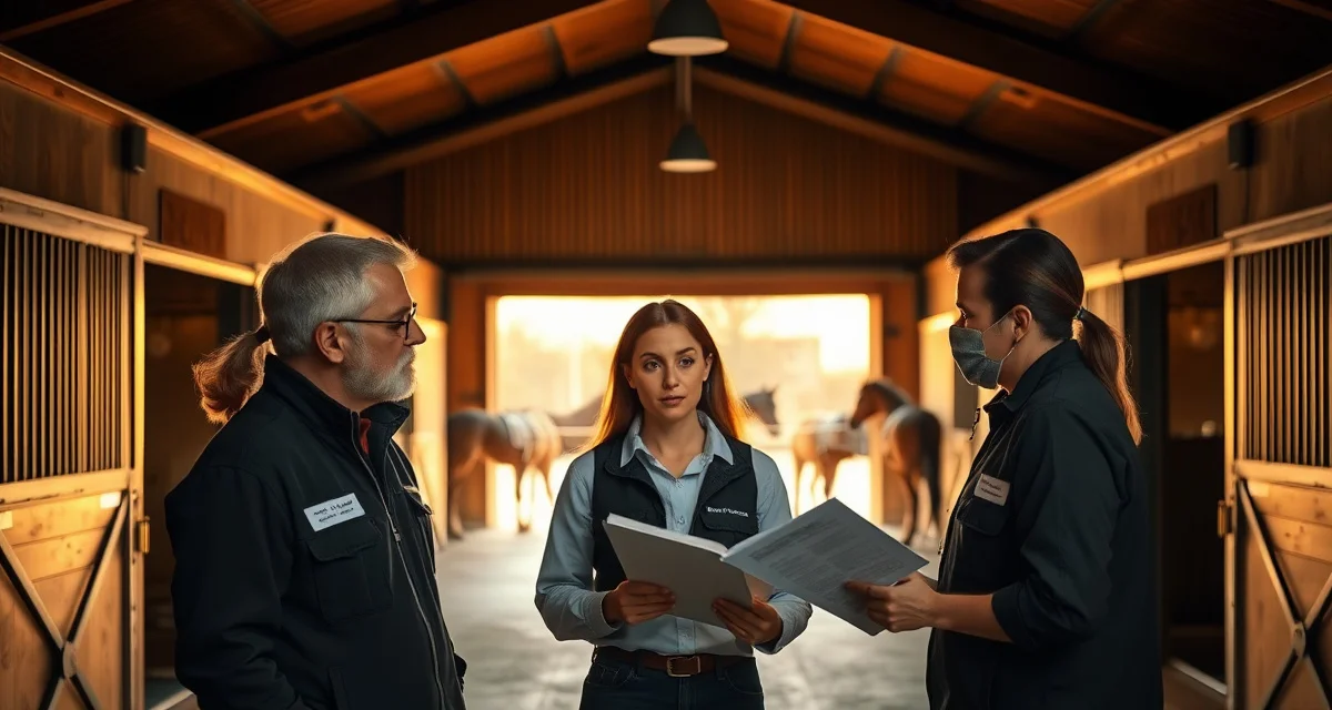 Horse barn manager planning staff schedules and horse assignments in a modern stable facility with organized workflow.