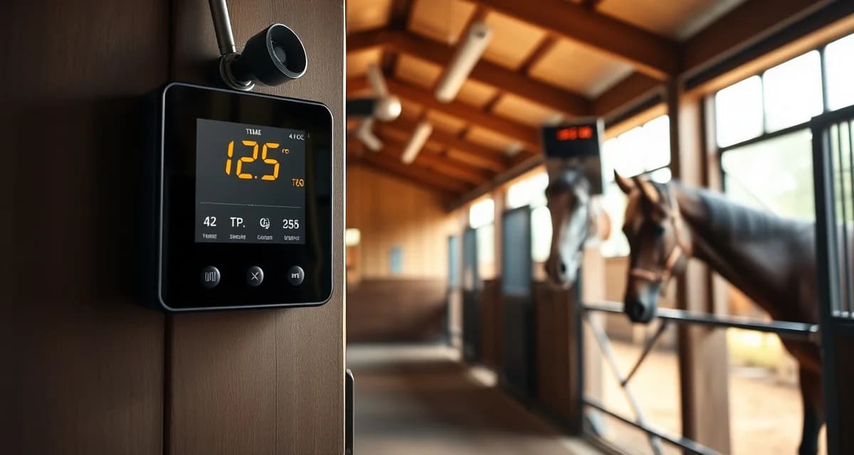 Modern horse barn temperature monitoring system displaying real-time readings on digital display with ventilation controls visible
