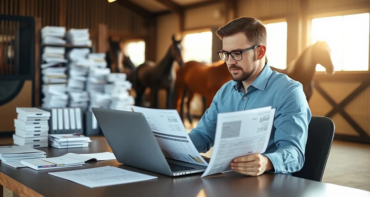 Horse barn manager organizing training fees and billing records using digital management software for equestrian facility