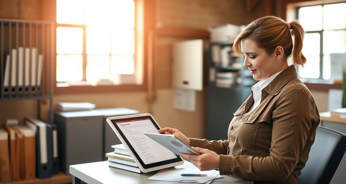 Barn manager reviewing horse treatment authorization documentation on digital platform for boarding stable management