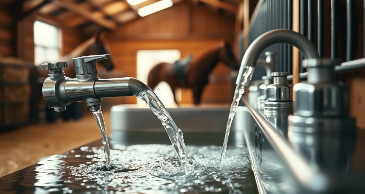 Clean water trough in horse barn showing proper maintenance and water system setup for equine facilities