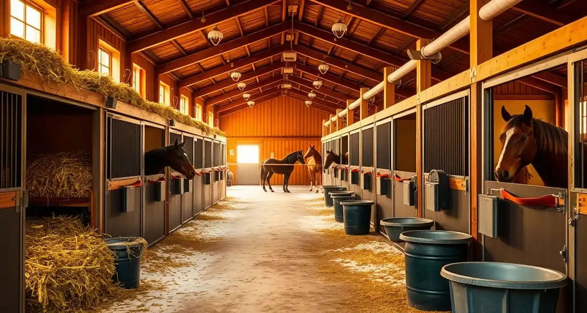Modern horse barn interior with winter preparations including organized hay storage, heated water systems, and proper ventilation for cold weather horse care.
