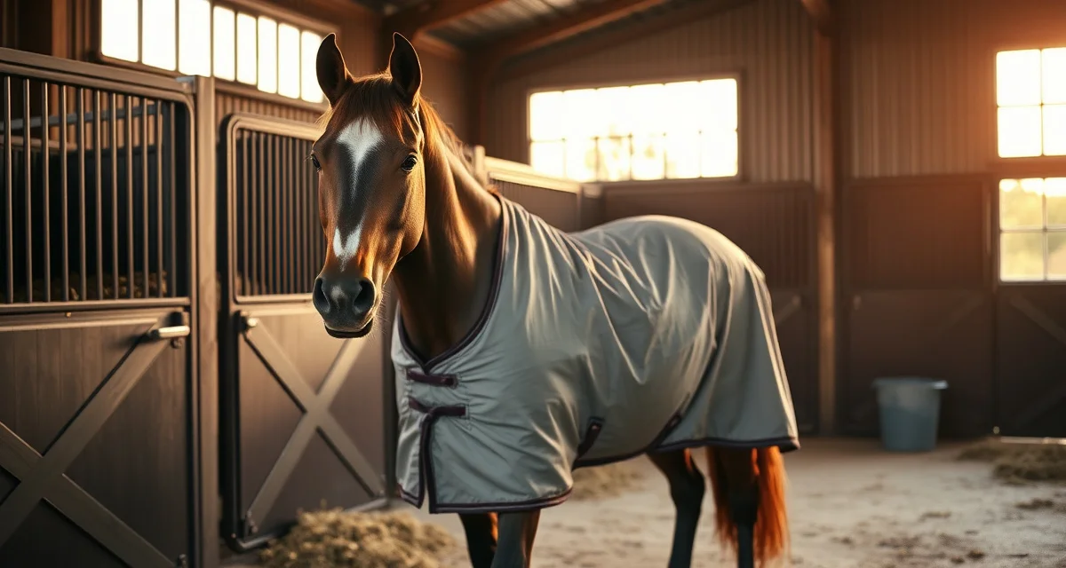 Horse wearing appropriate blanket in well-managed barn stall, demonstrating proper blanketing decisions for stable management
