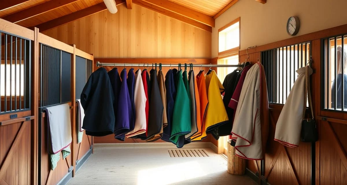 Organized horse blankets displayed by weight and color in a modern boarding barn stable management system