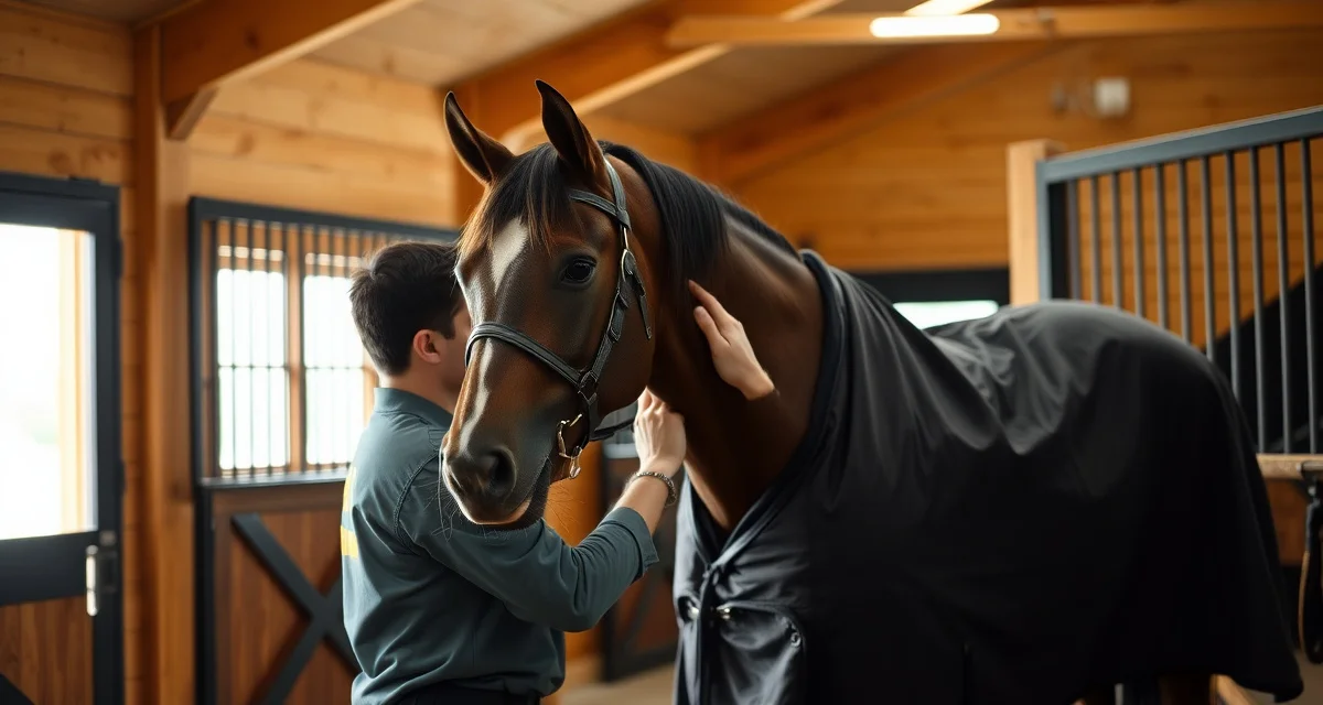 Barn manager organizing horse blankets in an equine facility using a structured blanketing management system for multiple horses.