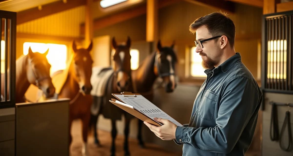 Barn manager using temperature-based decision chart to select appropriate horse blankets and sheets for individual horses in stable management.