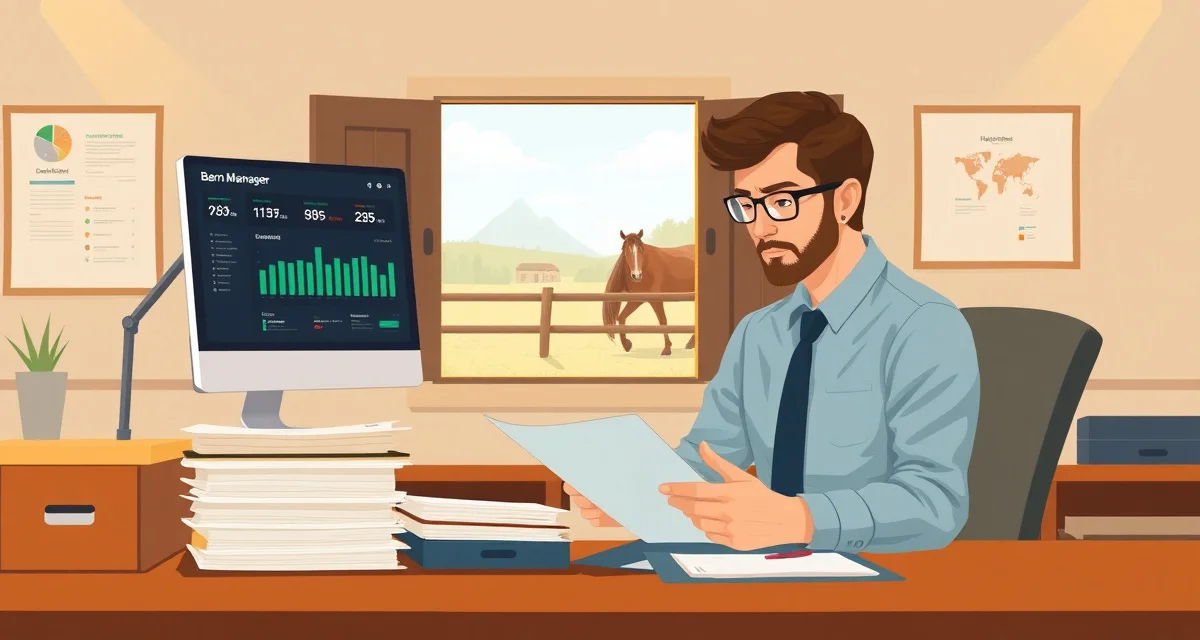 Barn manager organizing horse board deposits and payment records using organized filing system and digital management dashboard.