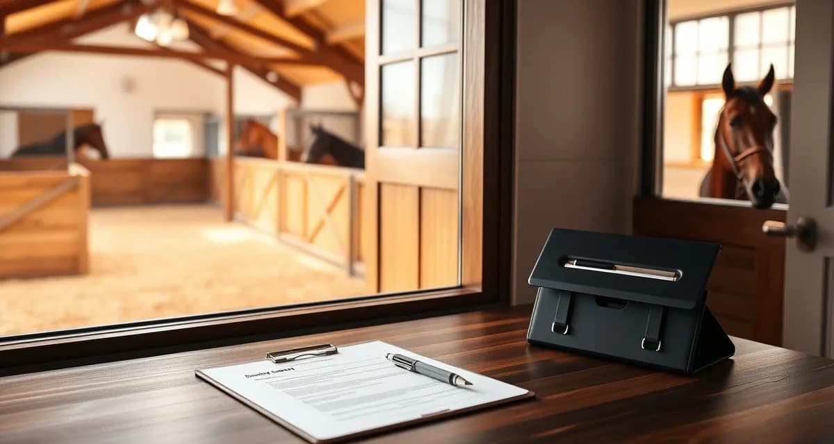 Horse boarding agreement contract document on desk with pen in stable office setting