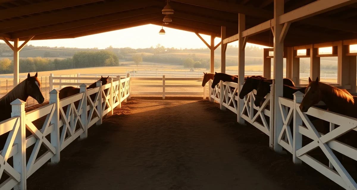 Modern horse boarding barn facility in South Carolina with white fencing, multiple stalls, and pasture areas for equine care