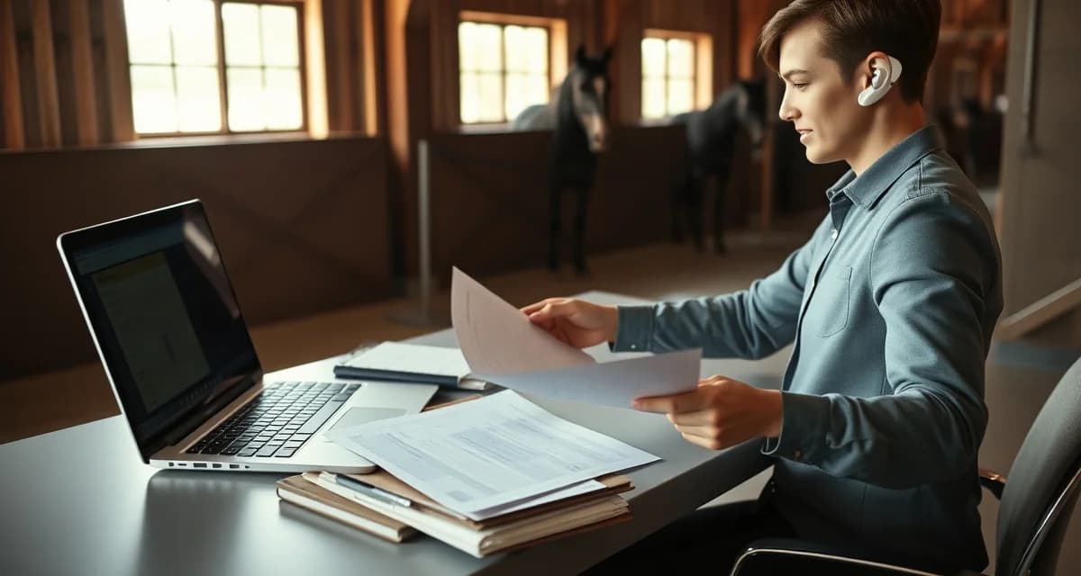 Horse boarding barn manager conducting billing audit review of invoices and payment records on computer and paperwork