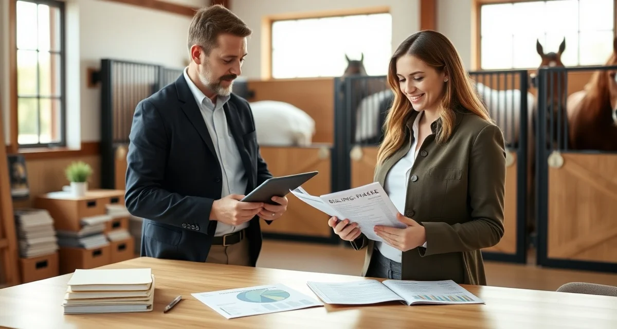 Horse boarding barn manager processing billing and invoices using stable management software on tablet