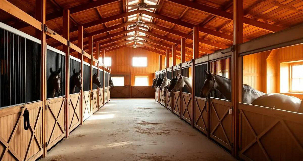Well-organized horse boarding barn in Illinois with multiple stalls, professional stable management setup, and healthy horses.