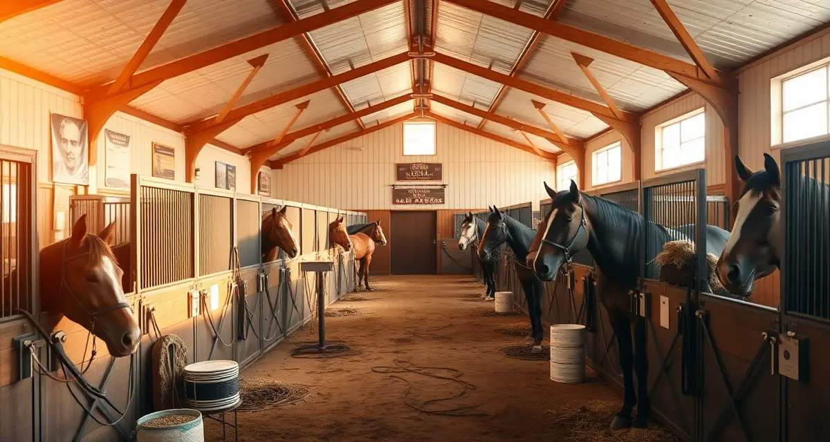 Modern horse boarding barn facility in Nebraska showing multiple stalls, organized management systems, and well-maintained stable operations for barn owners.