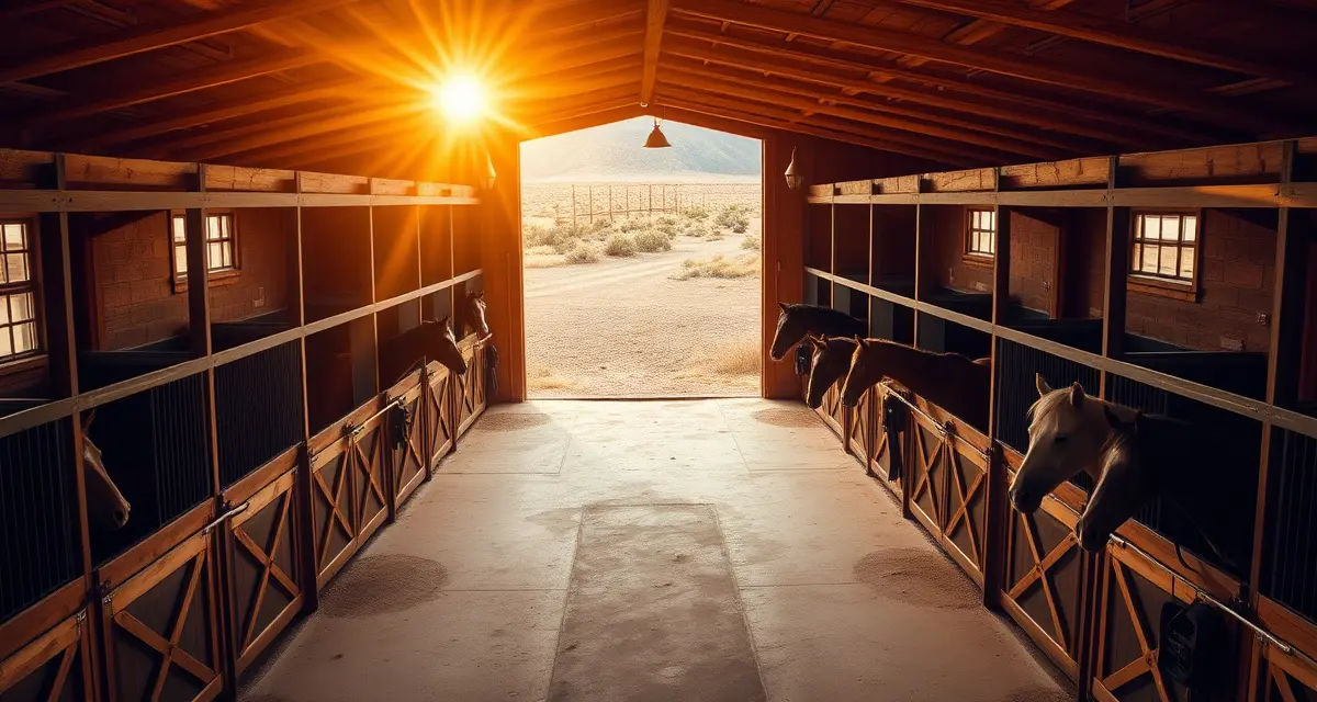 Modern horse boarding facility in New Mexico with organized stalls, professional barn management, and desert landscape