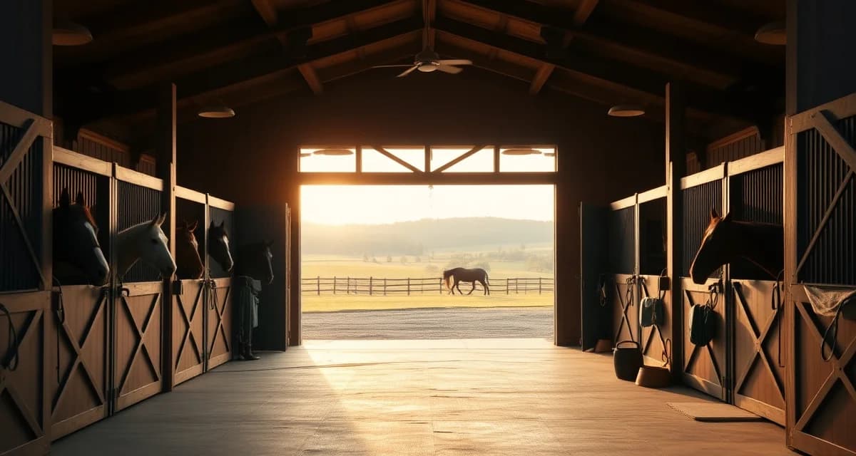 Modern horse boarding barn facility in North Carolina with organized stalls and professional management setup for equine business operations.